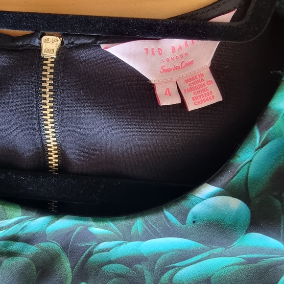 Ted Baker Draped Black Dress w/ Green Leaves - Picture 4 of 10